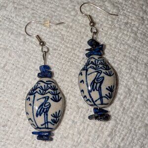 Blue Heron Crane Bird  Earrings Ceramic Beaded Jewelry